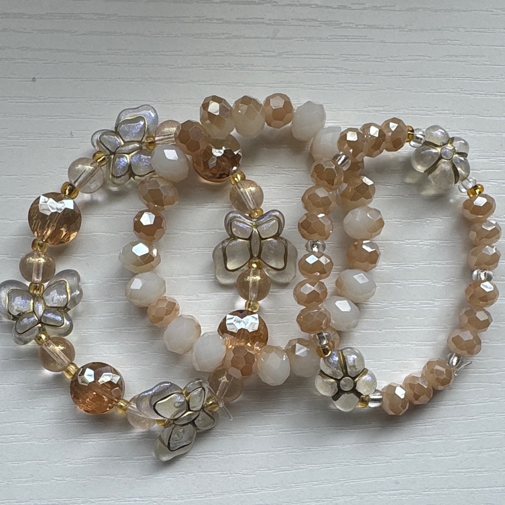 Hand Beaded Artisan Crystal Bracelet Stack Butterfly and Flower
